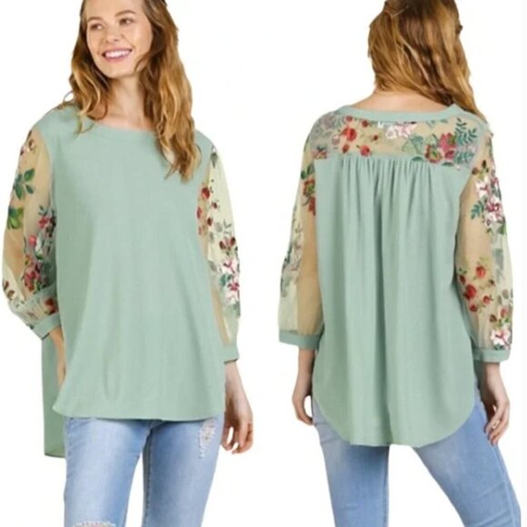 Umgee Floral Mixed Media Embroidered Sheer Sleeve Top Hi-Low Scoop Hem Sz S 241G - Picture 5 of 7